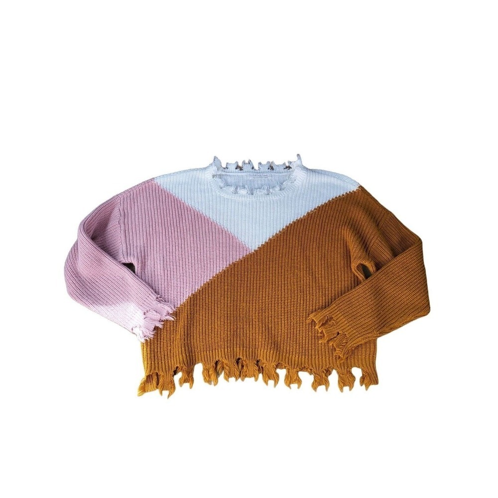 Full Circle Trends Sweater L Womens Colorblock 90's Inspired Crew Neck Boho